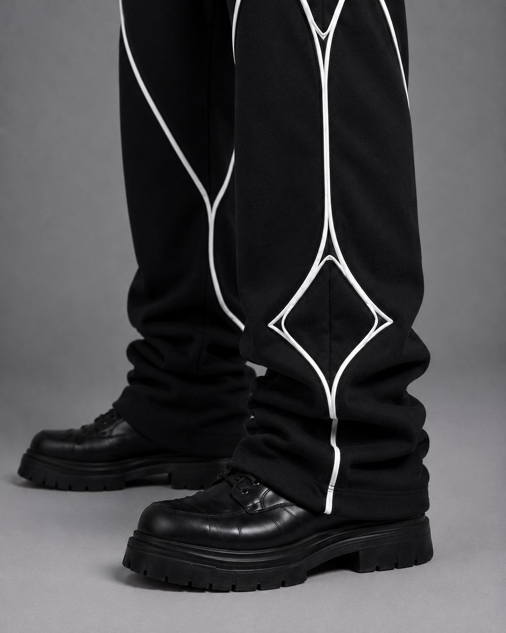 Pulse Wide-Leg Pants V1.1 side studio view showing the leg volume and piping geometry.