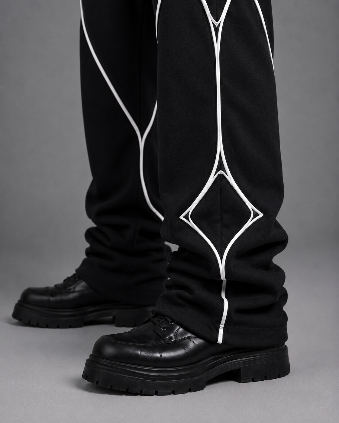 Pulse Wide-Leg Pants V1.1 side studio view showing the leg volume and piping geometry.